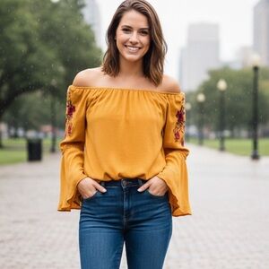 Blue Rain Floral Embroidered Bell Sleeve Top